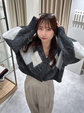 「mysty woman（ミスティウーマン）のアーガイルニットカーディガン 572855（カーディガン/ボレロ）」を使った、rinoさん（レディース・156cm）の秋コーディネート