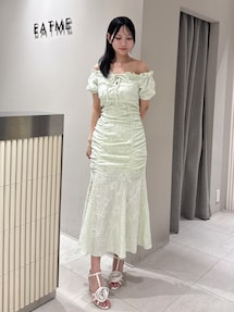 EATME ツイードオフショルダーワンピース ブルー/Sサイズ Vintage Flower Printオープンショルダーワンピース[品番
