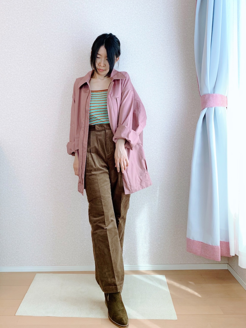 「オトナカジュアル、パンツスタイル、大人コーデ、シンプル、ビッグシルエット、おしゃれさんと繋がりたい、カジュアル、ジャケット、ootd、大人カジュアル、シンプルコーデ、春服みてみて、#春コーデ、カラーコーデ、ガーリー」｜「jouetieのアイテム（キャミソール、その他）」を使った、rice2022さん（レディース・153cm）の春コーディネートの1枚目の写真