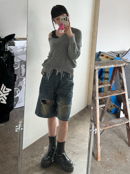 ダメージ ハーフパンツ ルーズ 切替 七分丈 迷彩 デニム hr9666 SHEENA ジーンズ デニム デニムパンツ ダメージハーフルーズ