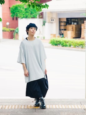 「オーバーサイズ」｜「アイテム（ハンチング/ベレー帽）」を使った、RHYSHAさん（メンズ・170cm）の夏コーディネート