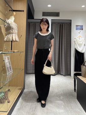 「CAPRICIEUX LE'MAGE（カプリシューレマージュ）のフリルネックリブＴ（Tシャツ/カットソー、グレー系）」を使った、okomeさん（レディース・164cm）の夏コーディネート