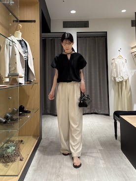 「CAPRICIEUX LE'MAGE（カプリシューレマージュ）のバルーンリボンブラウス（シャツ/ブラウス、ブラック系）」を使った、okomeさん（レディース・164cm）の春コーディネート