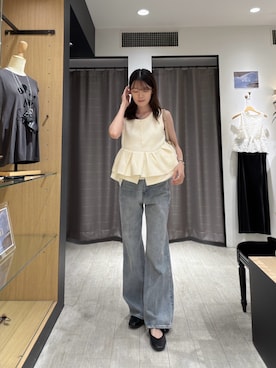 「CAPRICIEUX LE'MAGE（カプリシューレマージュ）のアシメペプラムヘンリーニット（ニット/セーター、ホワイト系）」を使った、okomeさん（レディース・164cm）の夏コーディネート