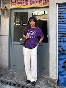「common gull products.（コモンガルプロダクツ）のcommon gull products. Tee（Tシャツ/カットソー、パープル系）」を使った、 まひろさん（レディース・168cm）の夏コーディネート