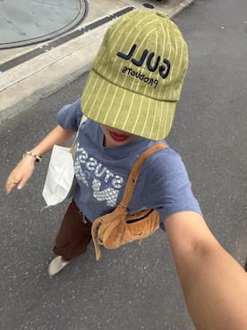 「common gull products.（コモンガルプロダクツ）のアイテム（キャップ、グリーン系）」を使った、 まひろさん（レディース・168cm）の夏コーディネート
