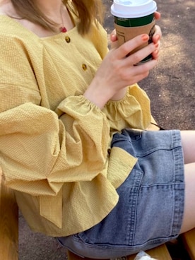 「MURUA（ムルーア）のスクエアネックベルトブラウスシャツ（衬衫、イエロー系）」を使った、Sharii_closetさん（レディース・158cm）の秋コーディネート