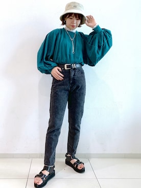 「PAGEBOY（ページボーイ）のラインスリーブシアータートル（Tシャツ/カットソー）」を使った、MATSUさん（レディース・158cm）の夏コーディネート