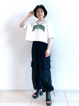 「PBLIM（ページボーイリム）のPAGEBOYLIM/ロゴ刺繍バケットハット2（ハット）」を使った、MATSUさん（レディース・158cm）の夏コーディネート