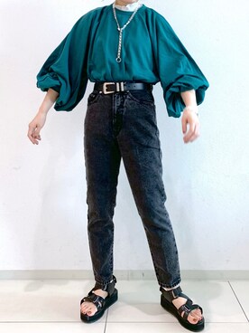 「PAGEBOY（ページボーイ）のラインスリーブシアータートル（Tシャツ/カットソー）」を使った、MATSUさん（レディース・158cm）の夏コーディネート