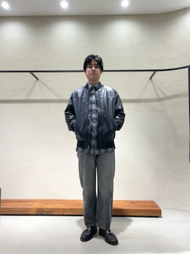 「EKAL（エカル）のSHEEP LEATHER JACKET（その他アウター、ブラック系）」を使った、柳田倫太郎さん（メンズ・174cm）の秋コーディネート