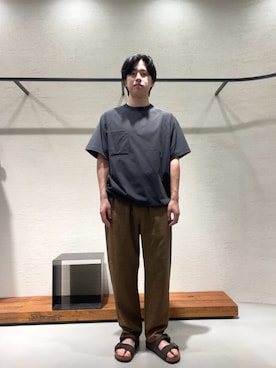 「EKAL（エカル）の『吸水速乾/UVカット』DRY OUT BALLOON FIT T-SHIRTS（Tシャツ/カットソー、グレー系）」を使った、柳田倫太郎さん（メンズ・174cm）の夏コーディネート