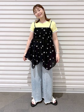 「LOWRYS FARM（ローリーズファーム）のハイウエストバギーデニム 637569（デニムパンツ、ブルー系）」を使った、aikaさん（レディース・160cm）の夏コーディネート