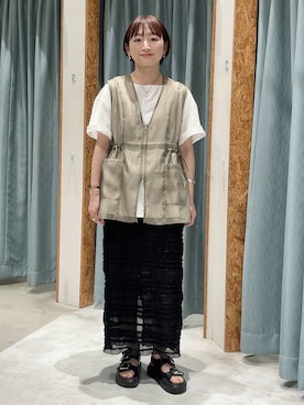 「LEPSIM（レプシィム）の《レプクル》オフショルワイドT　242876（Tシャツ/カットソー、ホワイト系）」を使った、ばーいな。さん（レディース・161cm）の夏コーディネート