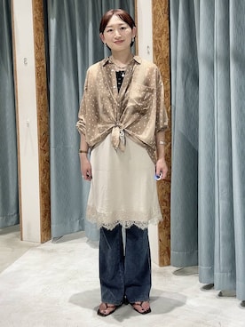 「LEPSIM（レプシィム）の2WAY柄シアー長袖シャツ　664892（シャツ/ブラウス、ブラウン系）」を使った、ばーいな。さん（レディース・161cm）の夏コーディネート