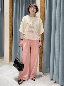「ワイドパンツ」｜「アイテム（デニムパンツ、ピンク系）」を使った、ばーいな。さん（レディース・161cm）の夏コーディネート