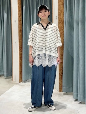 「LOWRYS FARM（ローリーズファーム）のステンレス２レンプチネックレス　496992（ネックレス、シルバー系）」を使った、ばーいな。さん（レディース・161cm）の春コーディネート