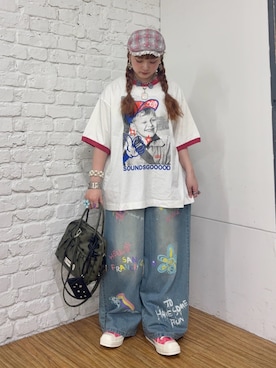 「SOUNDSGOOOOD（サウンズグッド）の【SOUNDS GOOOOD】落書きリンガーTEE（Tシャツ/カットソー、ホワイト系）」を使った、ひまさん（レディース・153cm）の夏コーディネート
