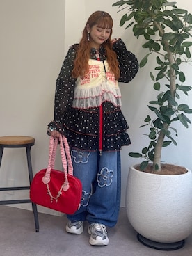 「HELLO.SANFRANCISCO（ハローサンフランシスコ）の【HELLO.SANFRANCISCO】プリントロゴチュールキャミビスチェ（キャミソール、ホワイト系）」を使った、ひまさん（レディース・153cm）の夏コーディネート