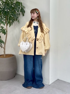 「HELLO.SANFRANCISCO（ハローサンフランシスコ）の【HELLO.SANFRANCISCO】コーデュロイフリルビッグジャケット（テーラードジャケット、イエロー系）」を使った、ひまさん（レディース・153cm）の秋コーディネート