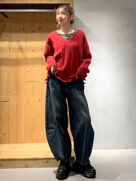 「PBLIM（ページボーイリム）の《UNISEX》スラブブリーチデニム（デニムパンツ）」を使った、hIkarIさん（レディース・168cm）の秋コーディネート