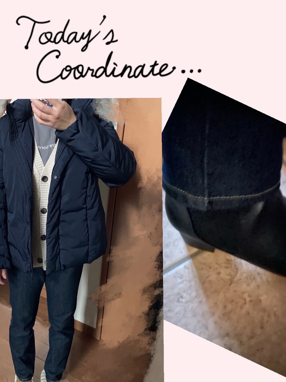 「秋冬コーデ、オトナカジュアル、パンツスタイル、冬ファッション、おしゃれさんと繋がりたい、デニム、低身長コーデ、低身長、ブーツ、カーディガン、ネイビー、ブーツスタイル、お出かけコーデ」｜「Honeysのアイテム（デニムパンツ、ブルー系）」を使った、konomiiさん（レディース・153cm）の冬コーディネートの1枚目の写真