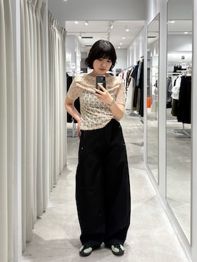「SENSE OF PLACE by URBAN RESEARCH(センスオブプレイスバイアーバンリサーチ)のレースドレープトップ(Tシャツ/カットソー、ベージュ系)」を使った、manaさん(レディース・159cm)の夏コーディネート