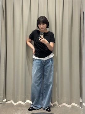 「SENSE OF PLACE by URBAN RESEARCH(センスオブプレイスバイアーバンリサーチ)のフリルドレープトップ(Tシャツ/カットソー、ブラック系)」を使った、manaさん(レディース・159cm)の夏コーディネート