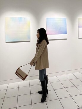 「VINTAGE（ヴィンテージ）のアイテム（ノーカラーコート）」を使った、𝑚𝑜𝑒さん（レディース・157cm）の冬コーディネート