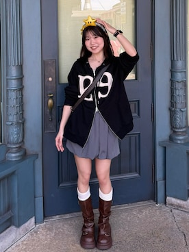 「ロゴパーカー」｜ながいゆなさん（レディース・160cm）の春コーディネート