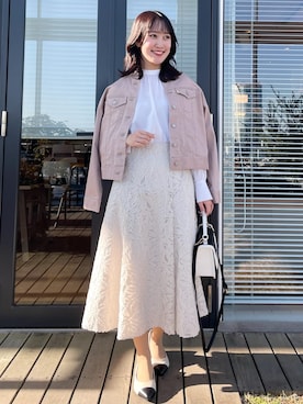 「アイテム（デニムジャケット、ピンク系）」を使った、yukariさん（レディース・157cm）の冬コーディネート