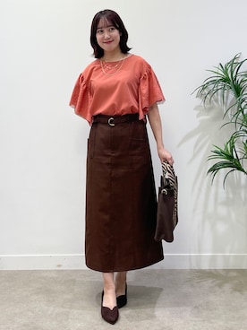 「Reflect（リフレクト）の【通勤◎】スカラップレーススリーブ ブラウス（シャツ/ブラウス、レッド系）」を使った、yukariさん（レディース・157cm）の夏コーディネート