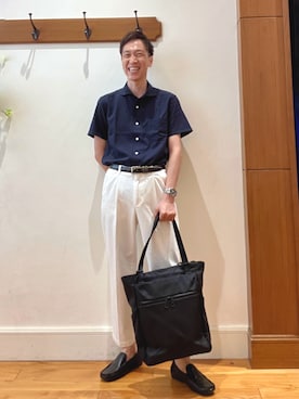 「NOLLEY’S（ノーリーズ）のデニムストレッチ ワイドジャスト丈 デニムパンツ 26SS（デニムパンツ、ホワイト系）」を使った、Tatsuo.YMさん（メンズ・182cm）の夏コーディネート