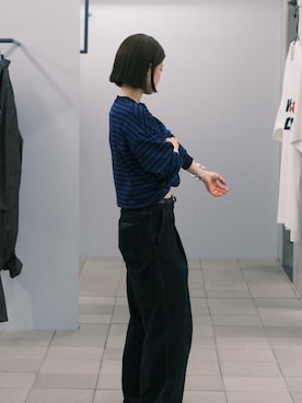 「URBAN RESEARCH（アーバンリサーチ）の『別注』Hoodwear×URBAN RESEARCH　BORDER LONG-SLEEVE T-SHIRTS（Tシャツ/カットソー、ブルー系）」を使った、萌桃さん（レディース・165cm）の夏コーディネート
