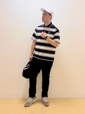 「adabat（アダバット）の【ADABAT NAVY】UVカット ランダムボーダー半袖ポロシャツ（ポロシャツ、ブルー系）」を使った、ヨシさん（メンズ・180cm）の春コーディネート