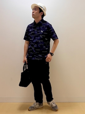 「adabat（アダバット）の【ADABAT NAVY】吸水速乾/UVカット エアロフォトリンクスプリント半袖ポロシャツ（ポロシャツ、ブルー系）」を使った、ヨシさん（メンズ・180cm）の春コーディネート