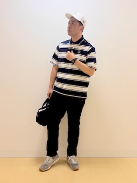 「adabat（アダバット）の【ADABAT NAVY】UVカット ランダムボーダー半袖ポロシャツ（ポロシャツ、ブルー系）」を使った、ヨシさん（メンズ・180cm）の春コーディネート