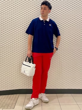 「adabat（アダバット）の【新レーベル ADABAT NAVY】UVカット/吸水速乾 クレリックドライポロシャツ（ポロシャツ、ブルー系）」を使った、ヨシさん（メンズ・180cm）の夏コーディネート