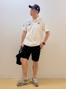 「adabat（アダバット）の【ADABAT NAVY】吸水速乾/UVカット カノコグラフィックロゴ半袖ポロシャツ（ポロシャツ、ホワイト系）」を使った、ヨシさん（メンズ・180cm）の春コーディネート