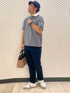 「adabat（アダバット）の【新レーベル ADABAT NAVY】吸水速乾 サッカーストライプポロシャツ（ポロシャツ、ブルー系）」を使った、ヨシさん（メンズ・180cm）の夏コーディネート