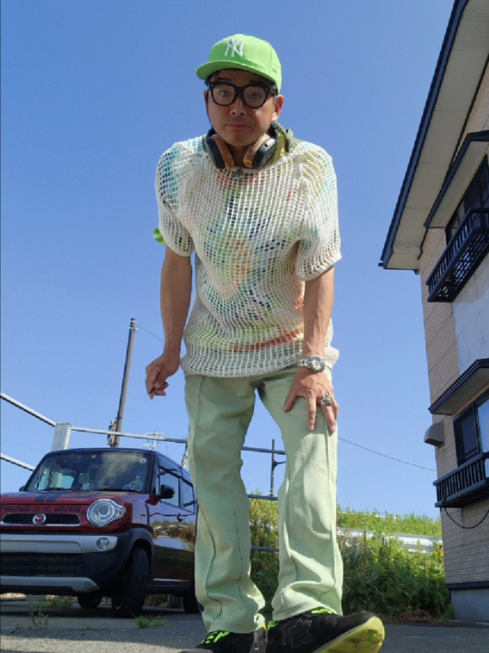 「アツいコーデ全部見せ、レイヤードスタイル、夏コーデ」｜「Needlesのアイテム（その他パンツ、グリーン系）」を使った、hiroyukeeeeeeさん（メンズ・179cm）の夏コーディネートの1枚目の写真