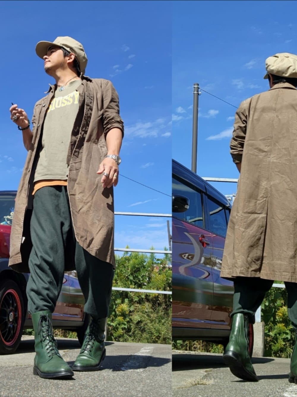「ミリタリーコーデ、ストリート、秋っぽコーデ更新中」｜「STUSSYのアイテム（Tシャツ/カットソー、グリーン系）」を使った、hiroyukeeeeeeさん（メンズ・179cm）の春コーディネートの1枚目の写真
