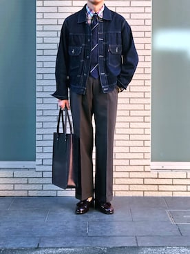 「アイテム（帽子、レッド系）」を使った、D・BLUEさん（メンズ・170cm）の秋コーディネート