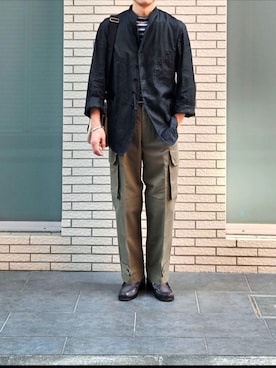 「アイテム（ノーカラージャケット）」を使った、D・BLUEさん（メンズ・170cm）の秋コーディネート