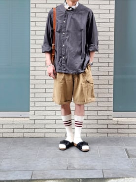 「no brand（ノーブランド）のNo Brand 仏ファーマーズシャツ チャコール（シャツ/ブラウス）」を使った、D・BLUEさん（メンズ・170cm）の夏コーディネート
