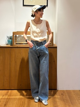 「Ungrid（アングリッド）のウエストデザインリメイクデニム（デニムパンツ）」を使った、森理沙さん（レディース・161cm・30代）の夏コーディネート