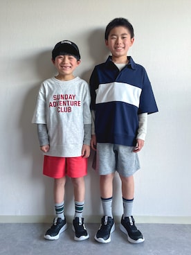 「GU（ジーユー）のアイテム（キャップ）」を使った、あおりゅーさん（キッズ・120cm）の春コーディネート