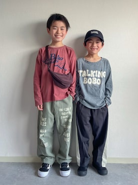 「GU（ジーユー）のアイテム（キャップ）」を使った、あおりゅーさん（キッズ・120cm）の春コーディネート