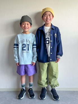 「GU（ジーユー）のアイテム（帽子）」を使った、あおりゅーさん（キッズ・120cm）の春コーディネート