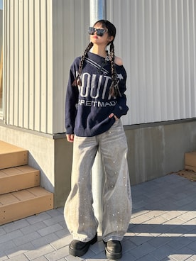 「Alfred Alex（アルフレッドアレックス）の【Alfred Alex】ボリュームハイソール サイドジップレースアップブーツ（ブーツ、ブラック系）」を使った、saraha さん（レディース・163cm）の春コーディネート